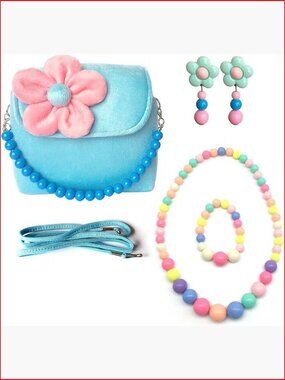 Kids Jewelry Set Handbag Clip-On Earrings Necklace Bracelet Plush Cotton